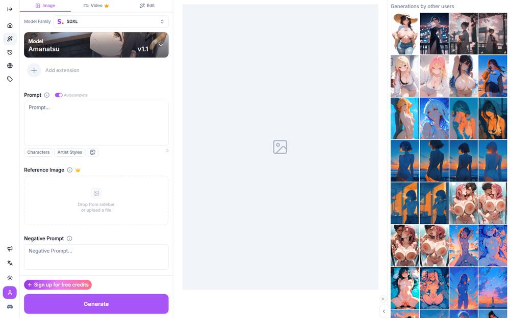 BetterWaifu generator interface showing model family, prompt box with autocomplete, negative prompt and aspect-ratio presets