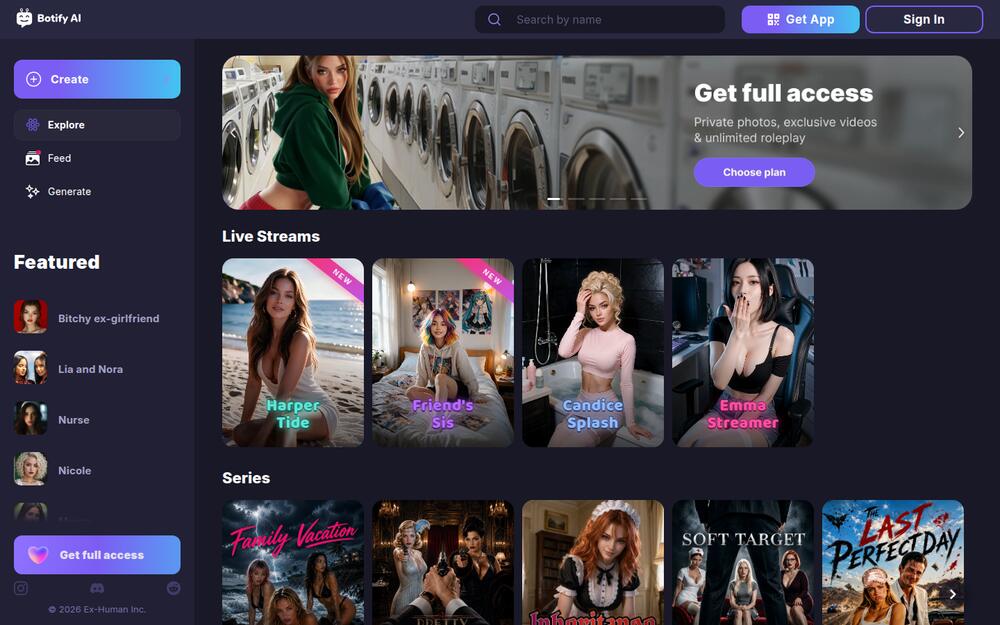 Botify AI home page with featured characters, series and live streams