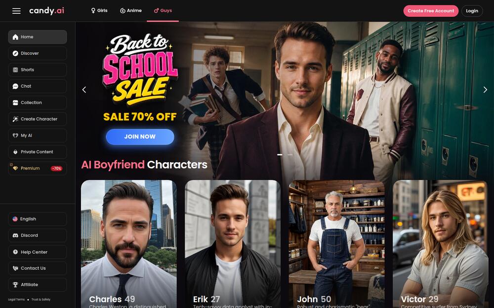 The AI boyfriend catalogue: the same builder and features for male companions.