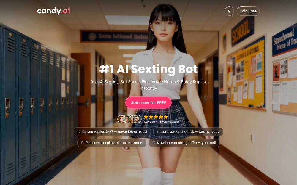 The AI sexting landing page spells out the pitch: instant replies, photos on demand, no screenshots.