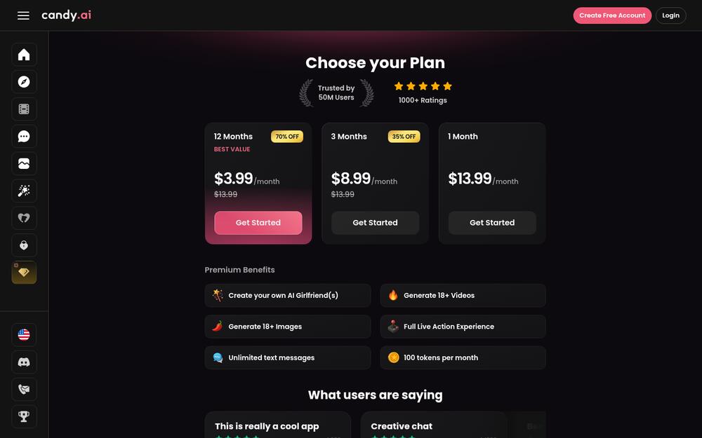 Candy.ai Premium pricing screen showing monthly, 3-month and 12-month plans