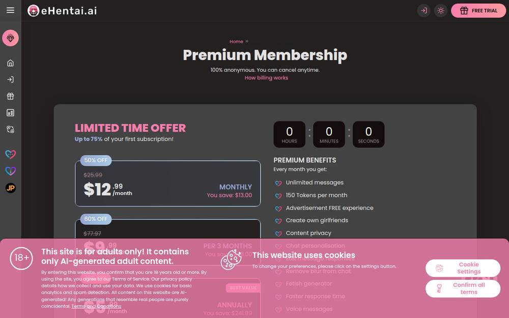 eHentai.ai membership pricing showing monthly, three-month and annual plans with promotional discounts