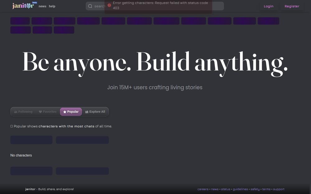 Janitor AI home page; the character library appears after login