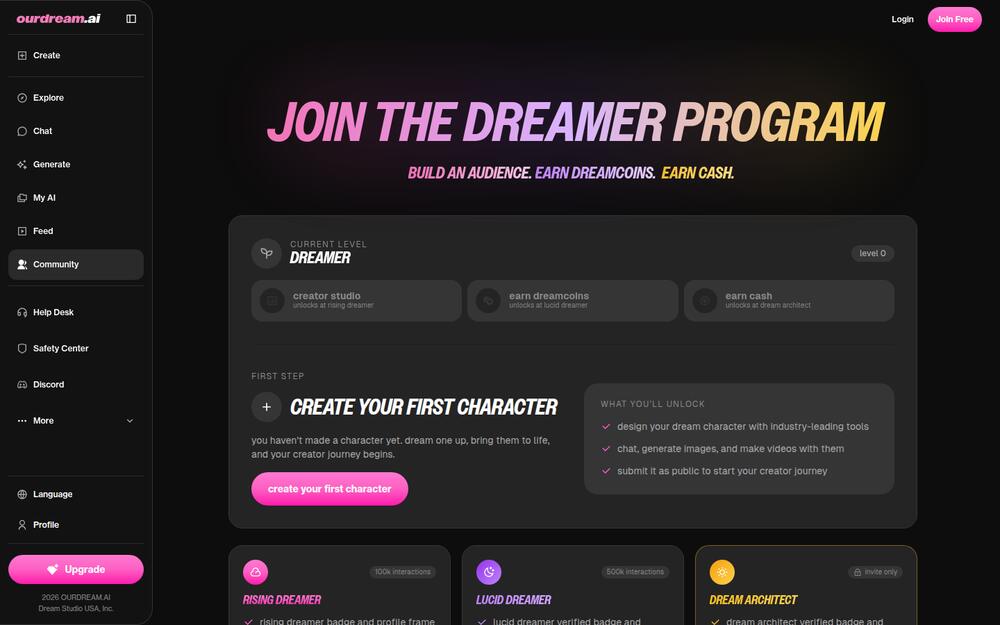OurDream community page showing the Dreamer creator programme and published characters