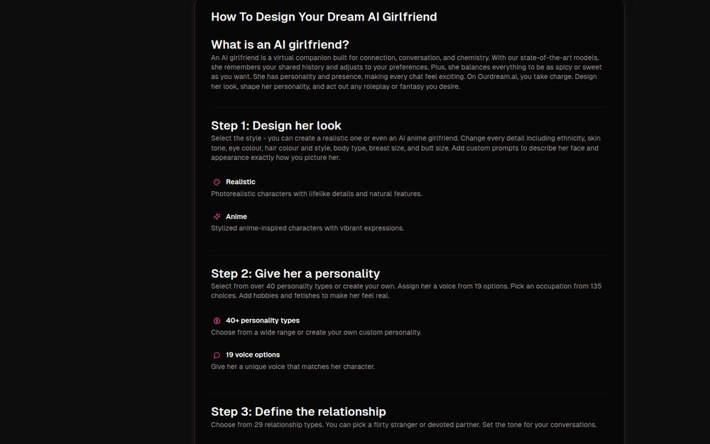 OurDream character builder walking through look, personality and relationship choices