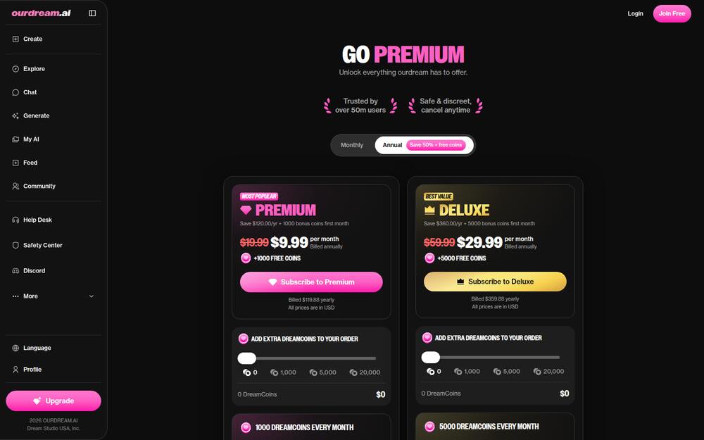 OurDream pricing page showing Premium and Deluxe plans priced by monthly DreamCoins