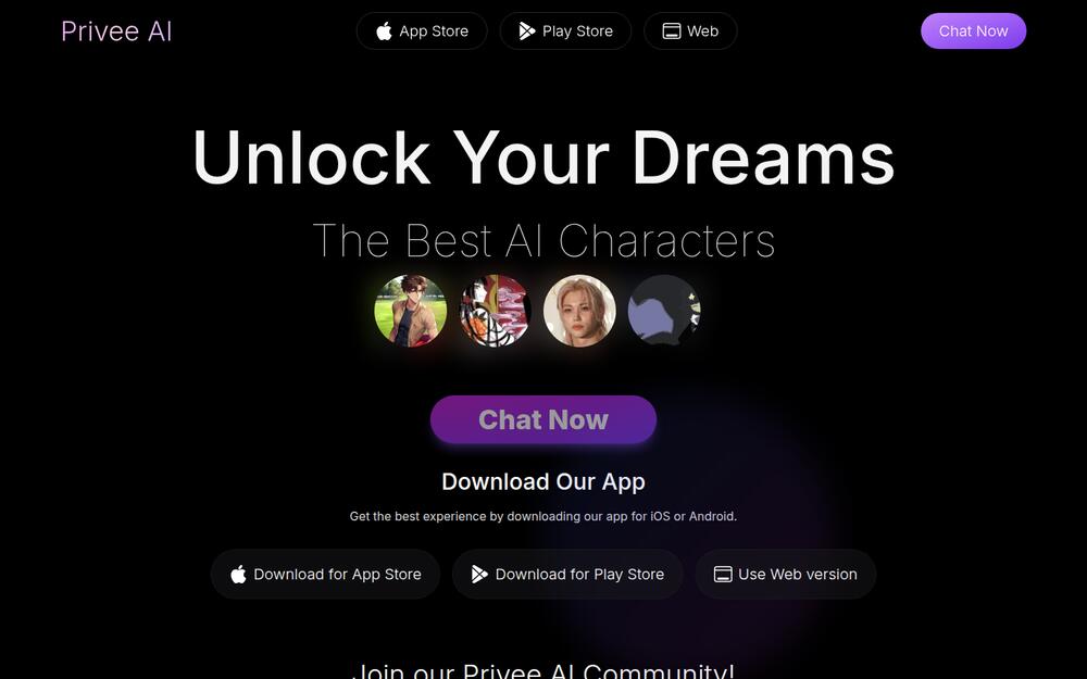 Privee AI home page showing fandom characters and its App Store and Play Store apps