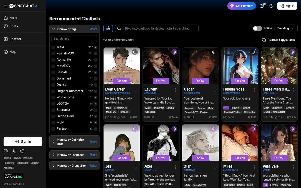 SpicyChat character browser showing recommended chatbots with tags, chat counts and ratings