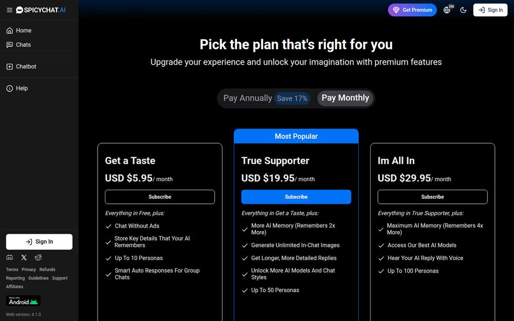 SpicyChat subscription page showing three plans priced by memory, images and voice